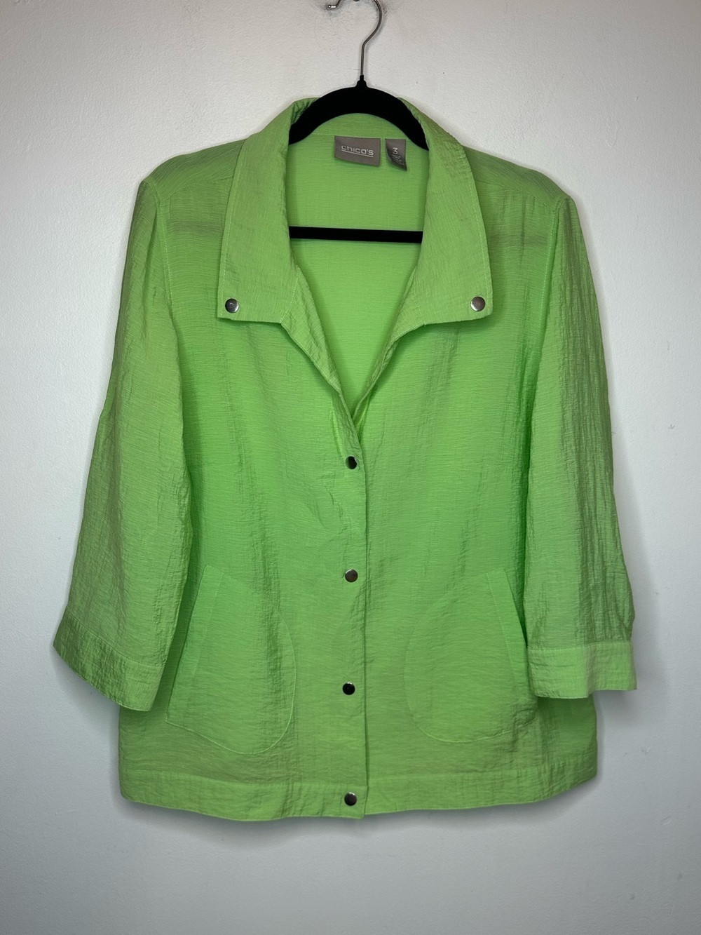 CHICO'S Women’s Bright Green Sz 3 XL Casual Dress Snap Up Shirt Pockets